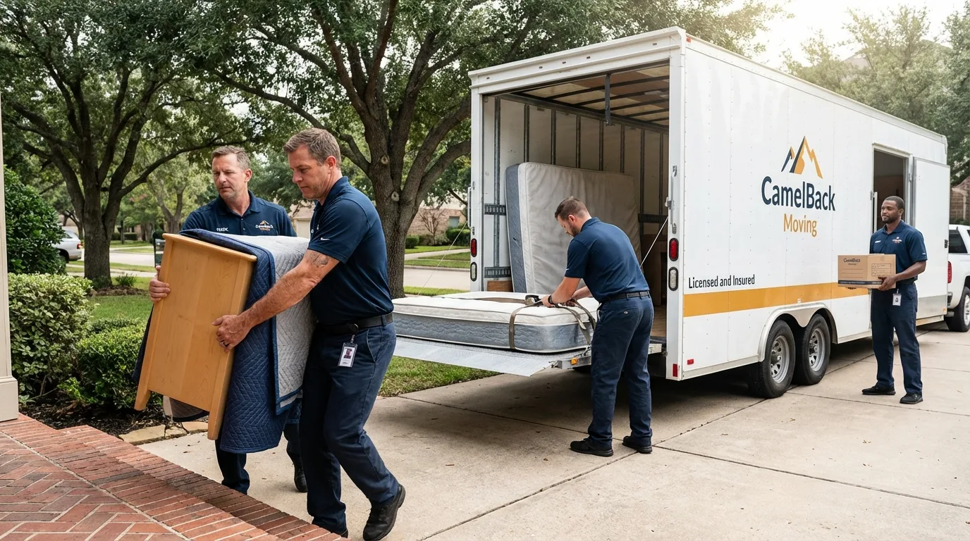 Crew loading residential truck for cross-state move from Merced, CA
