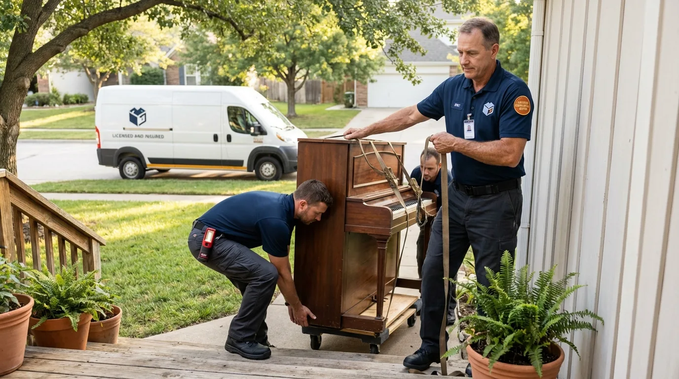 Licensed piano movers securing grand piano in Merced, CA