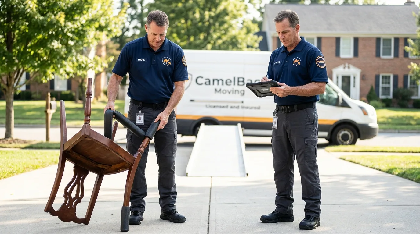 Movers inspecting furniture for damage prevention before loading in Merced, CA