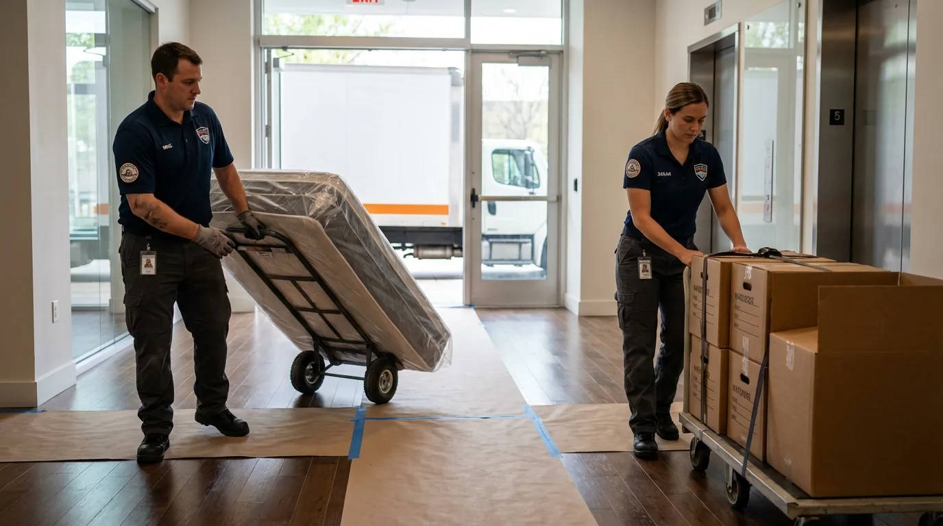 Professional apartment movers loading elevator in Merced, CA